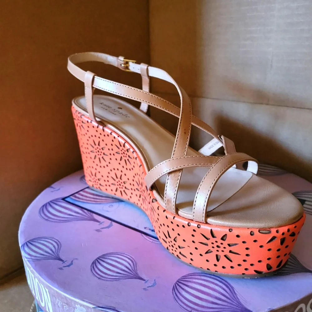-Kate Spade Wedge Sandal Heel / Tan & Orange / Size 9.5 / New In Box